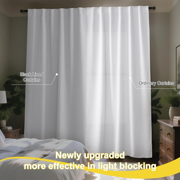Comparison of white blackout lined curtains showing superior light blocking vs ordinary white curtains in a bedroom.