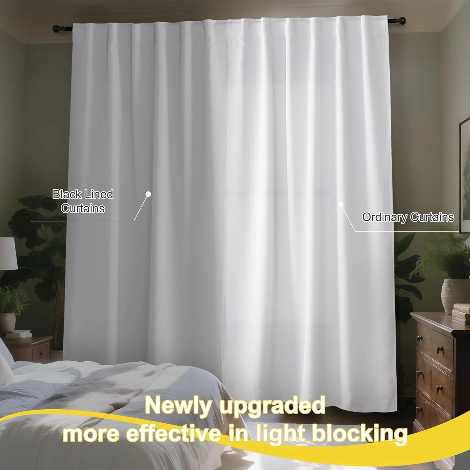 White black-lined blackout curtains on a rod in a cozy bedroom, blocking daylight