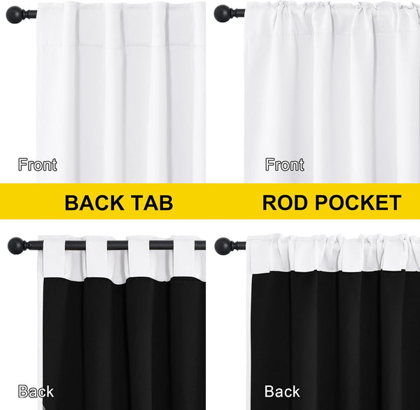 White blackout curtain with versatile back tab and rod pocket hanging methods. Black reverse side visible.