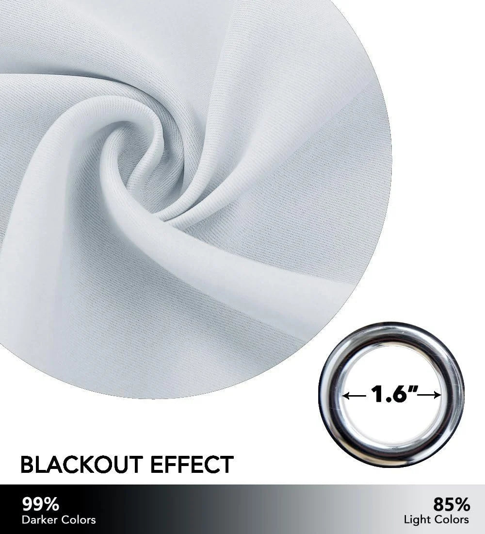 White blackout curtain fabric swirl with silver grommet ring and light blocking chart
