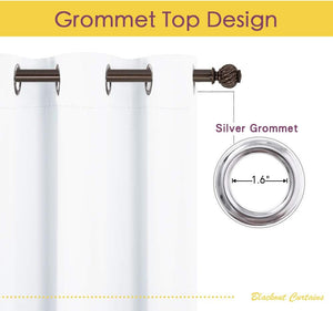 White blackout curtain with silver grommet top design, showing 1.6-inch silver grommets on a dark brown rod.