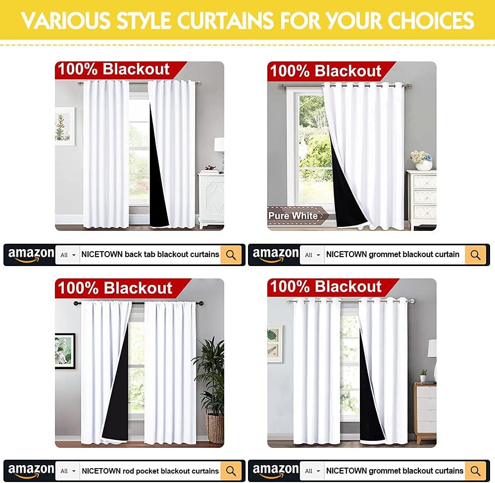 Four styles of white 100% blackout curtains: back tab, rod pocket, and grommet. Blackout lining visible.