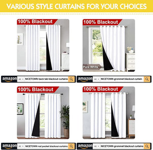 Four styles of white 100% blackout curtains: back tab, rod pocket, and grommet. Blackout lining visible.