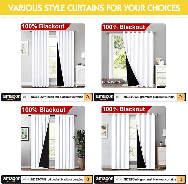 Four styles of white 100% blackout curtains: back tab, rod pocket, and grommet. Blackout lining visible.