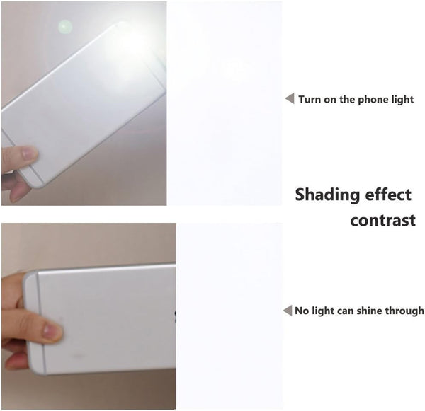 White fabric swatch shown blocking phone light completely, demonstrating its superior blackout feature.