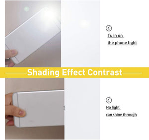 Demonstration of white blackout material blocking light. Top shows phone light shining through, bottom shows no light visible.