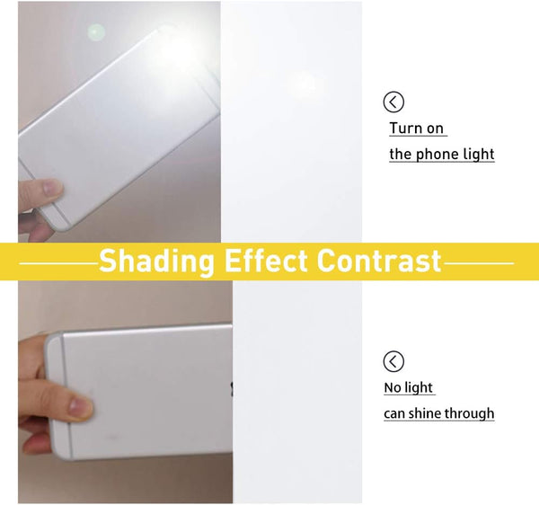 Demonstration of white blackout material blocking light. Top shows phone light shining through, bottom shows no light visible.