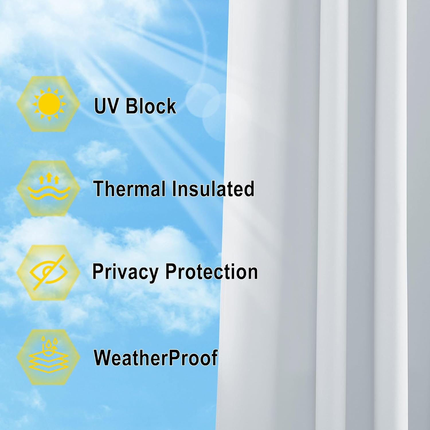 White curtain with icons for UV block, thermal insulation, privacy protection, and weatherproof qualities.