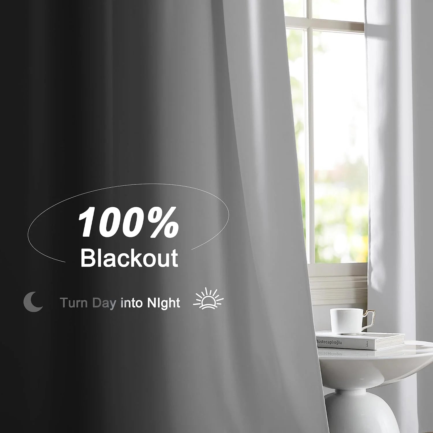 White blackout curtain panel beside a bright window with side table and mug