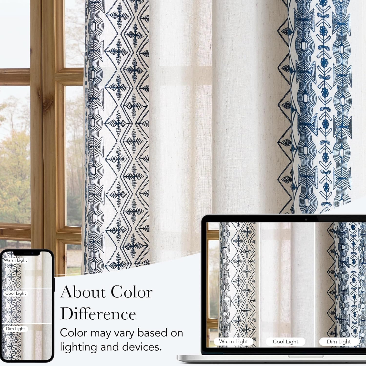 White curtain panel with blue embroidered geometric pattern, shown with different lighting on screens for color comparison.