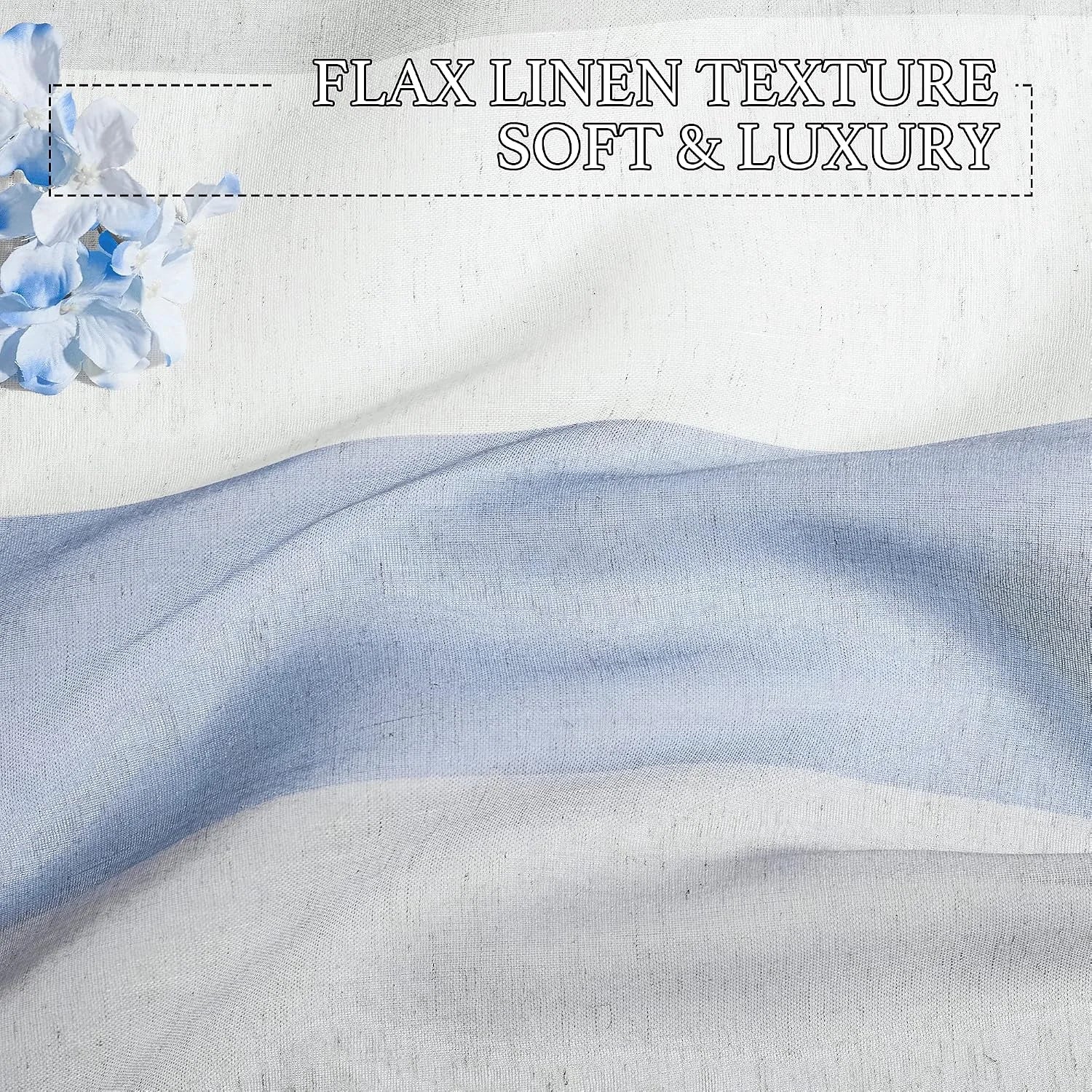 White flax linen fabric with soft blue sheer overlay and visible woven texture