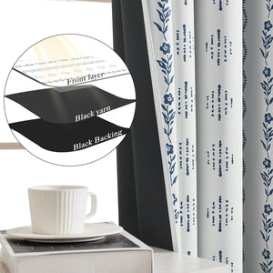 White blackout curtains with blue floral and geometric patterns. Features a three-layer light-blocking design.