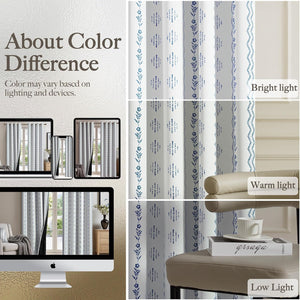 White and blue striped curtains with floral and geometric patterns, shown in different lighting.
