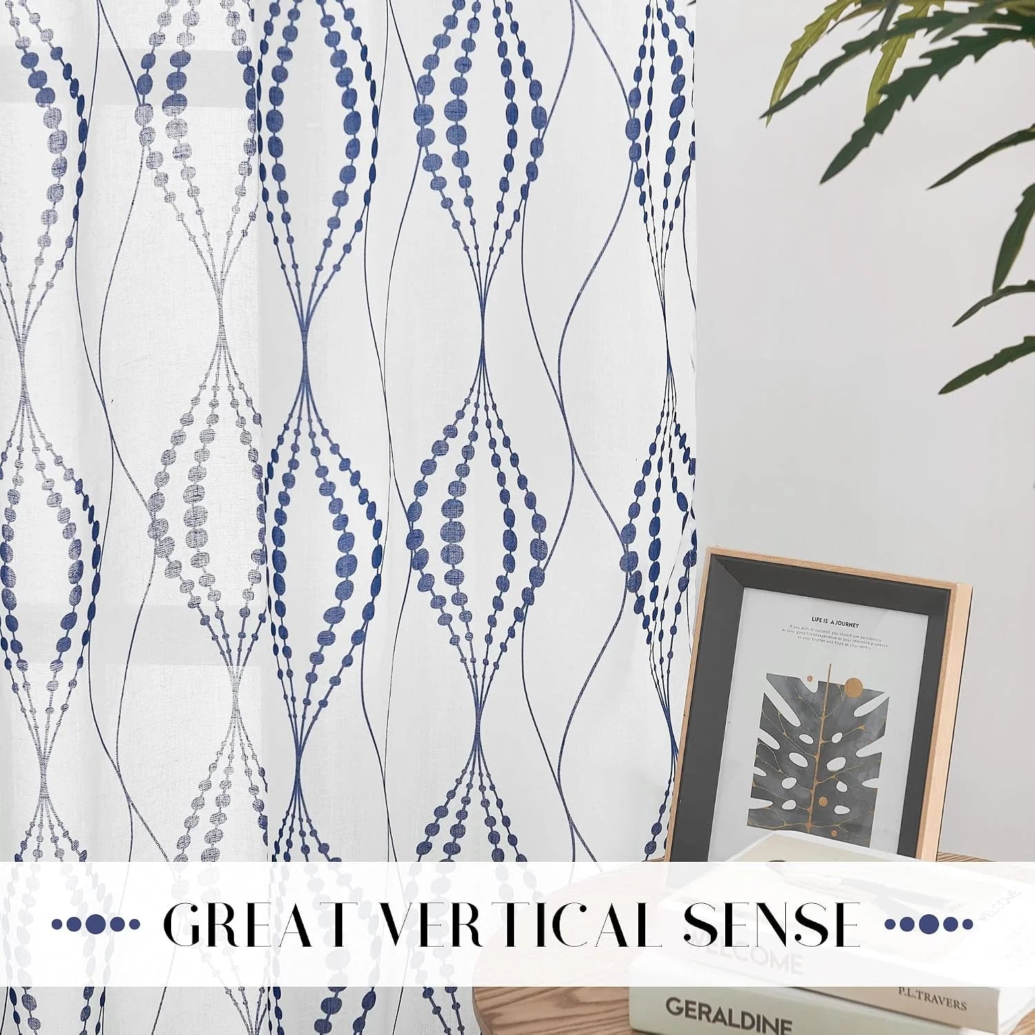 White sheer curtain with blue geometric dotted pattern in a bright modern room