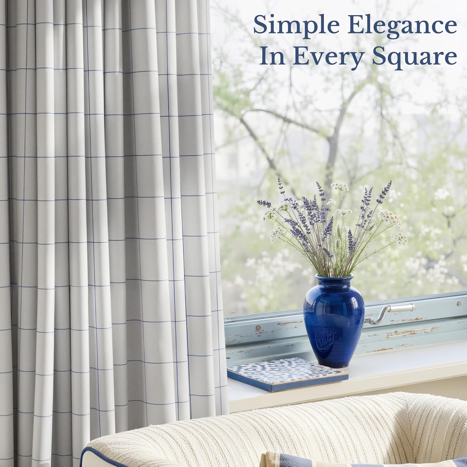 White window curtains with a blue grid check pattern, neatly pleated, illuminated by natural light.