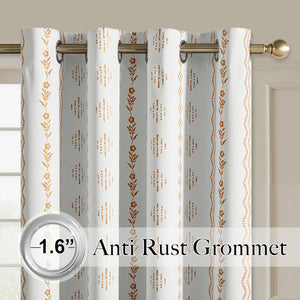 White curtains with orange bohemian floral and geometric striped patterns, 1.6-inch anti-rust grommet top.