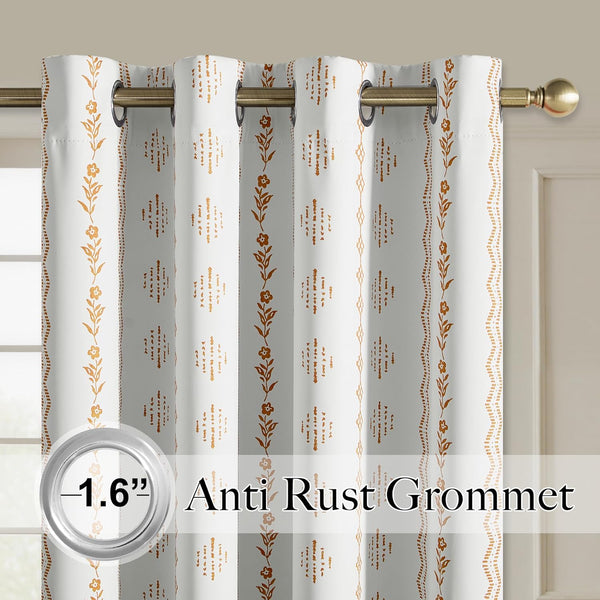 White curtains with orange bohemian floral and geometric striped patterns, 1.6-inch anti-rust grommet top.