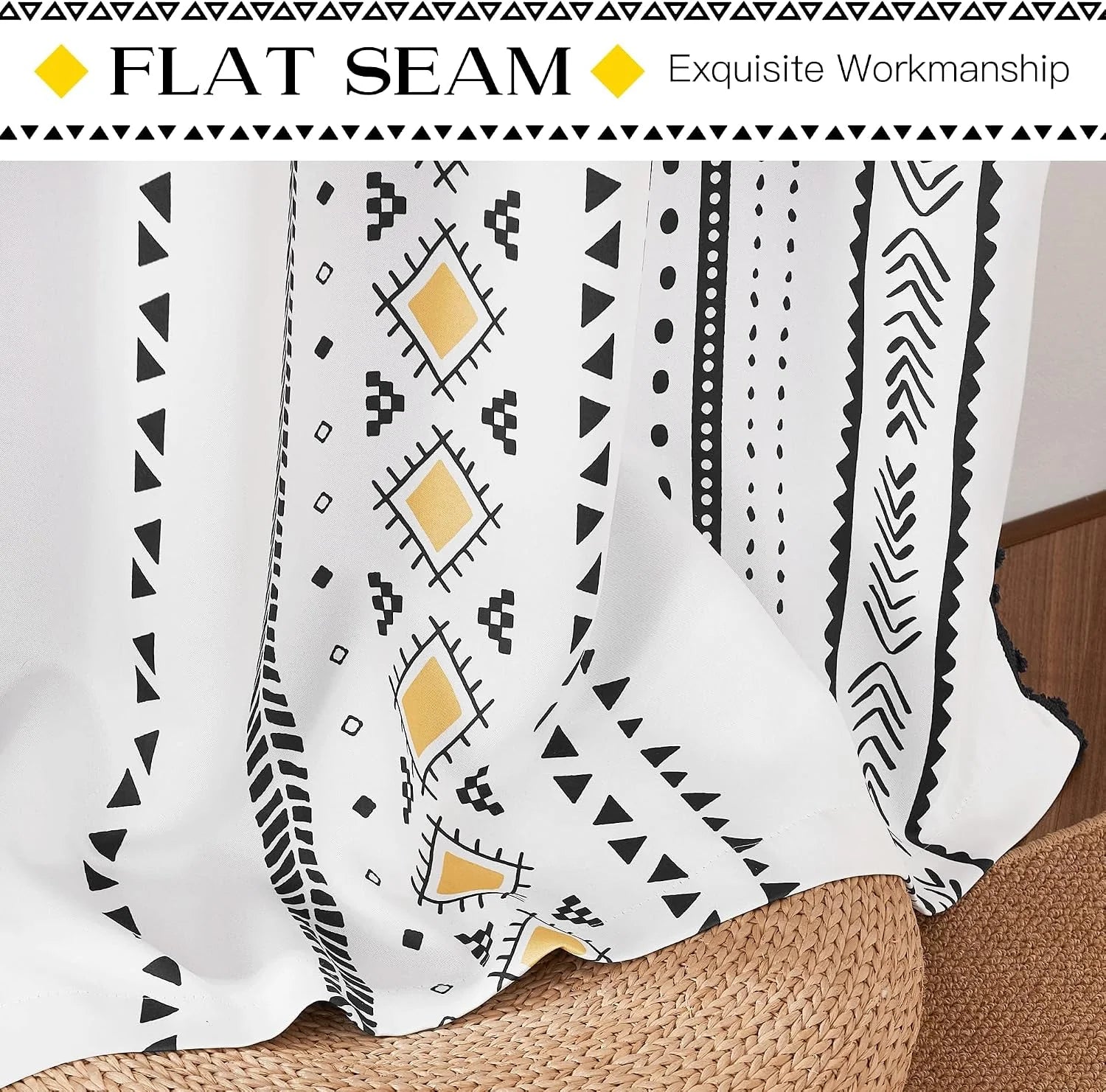 White boho curtain panel with black tribal print and yellow diamond accents
