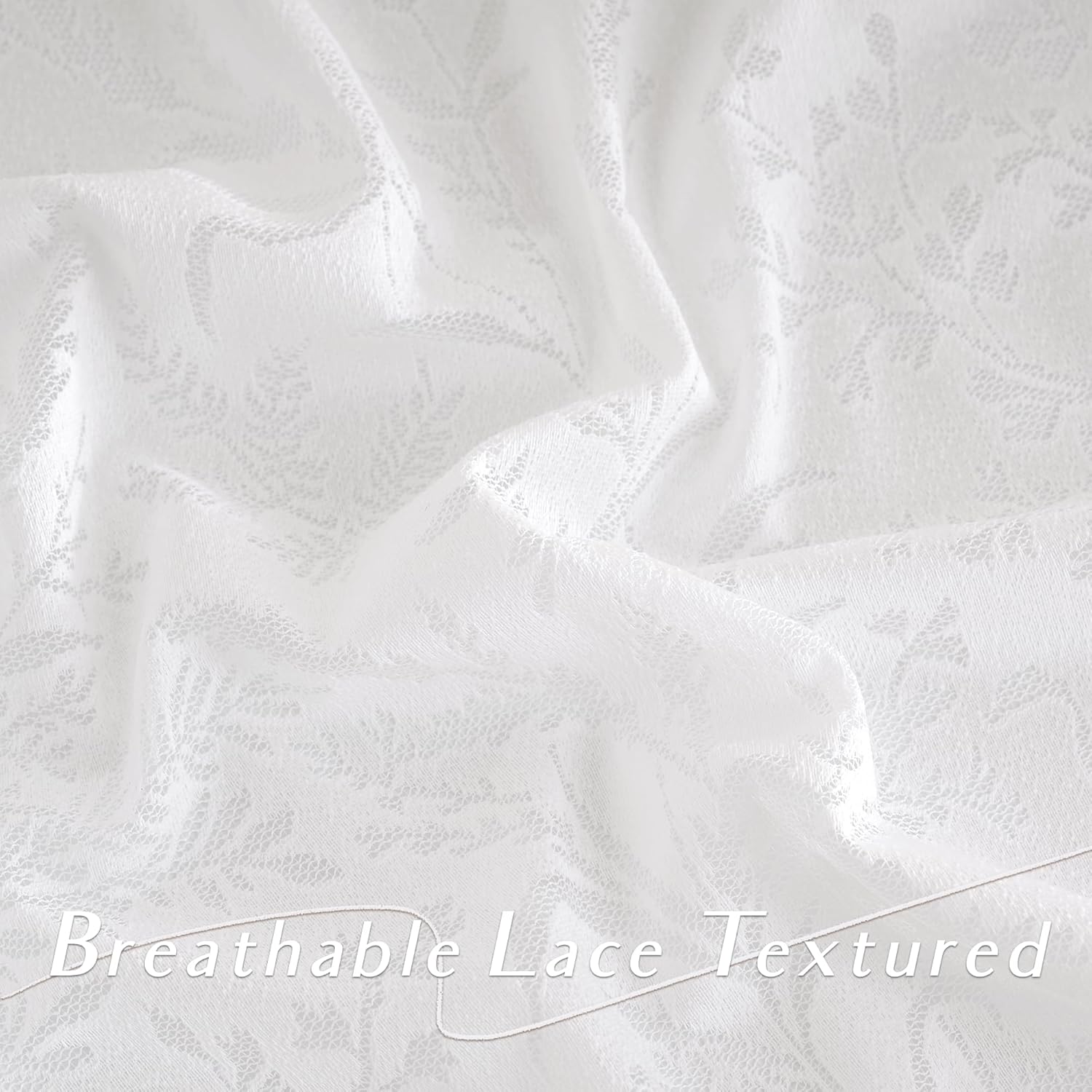 Close-up of white breathable lace fabric showing a delicate floral texture.