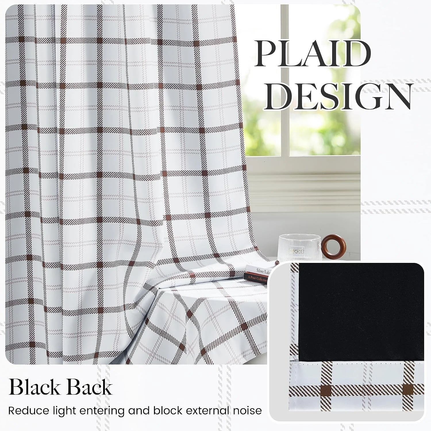 White plaid blackout curtain with brown grid pattern and black backing by window