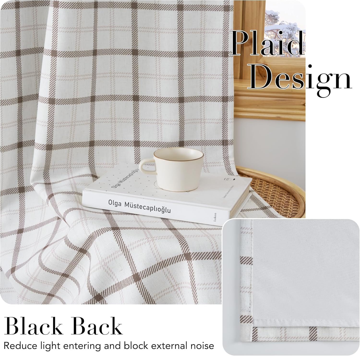 White and brown plaid woven window curtains featuring a blackout lining, draped in a cozy home setting.