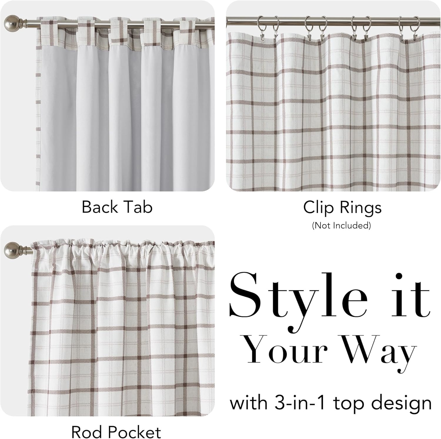 White and brown plaid curtain demonstrating 3-in-1 hanging: back tab, rod pocket, and clip ring style.