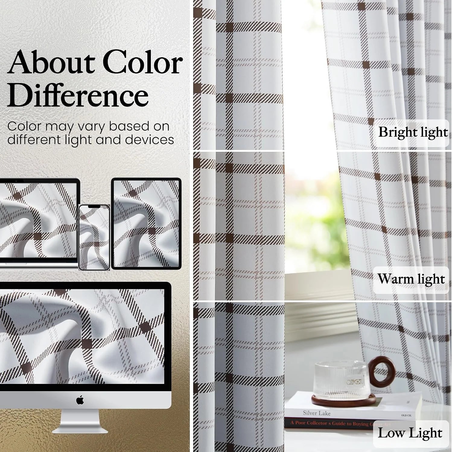 White plaid curtains with brown grid pattern shown under bright, warm, and low light