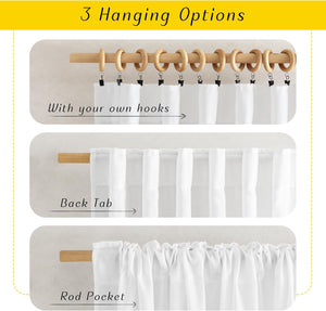 Close-up of white linen-look curtain demonstrating three hanging styles: clip rings, back tab, and gathered rod pocket.