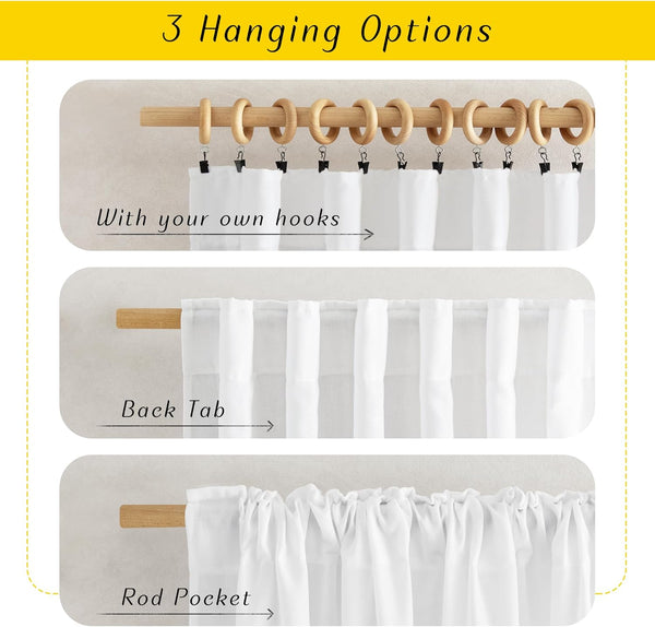 Close-up of white linen-look curtain demonstrating three hanging styles: clip rings, back tab, and gathered rod pocket.