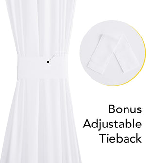 White curtain cinched with a matching fabric tieback. Inset shows the adjustable tieback design.