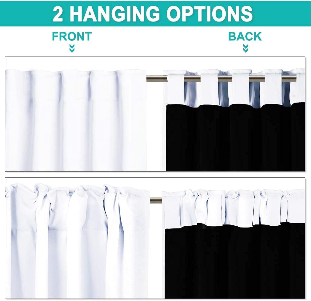 White curtain demonstrating two hanging options: a smooth rod pocket and gathered back tabs.