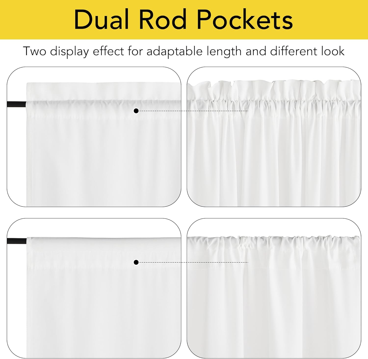 White curtain header with dual rod pockets showing flat and gathered hanging styles.