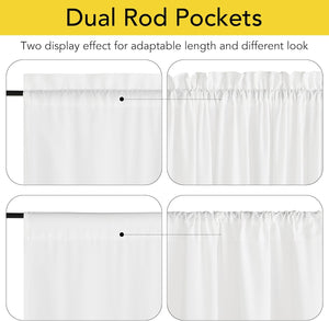 White curtain header with dual rod pockets showing flat and gathered hanging styles.