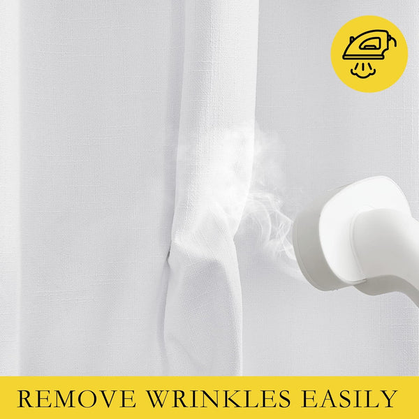 Close-up of white textured curtain fabric being smoothed by a handheld steamer, showing easy wrinkle removal.