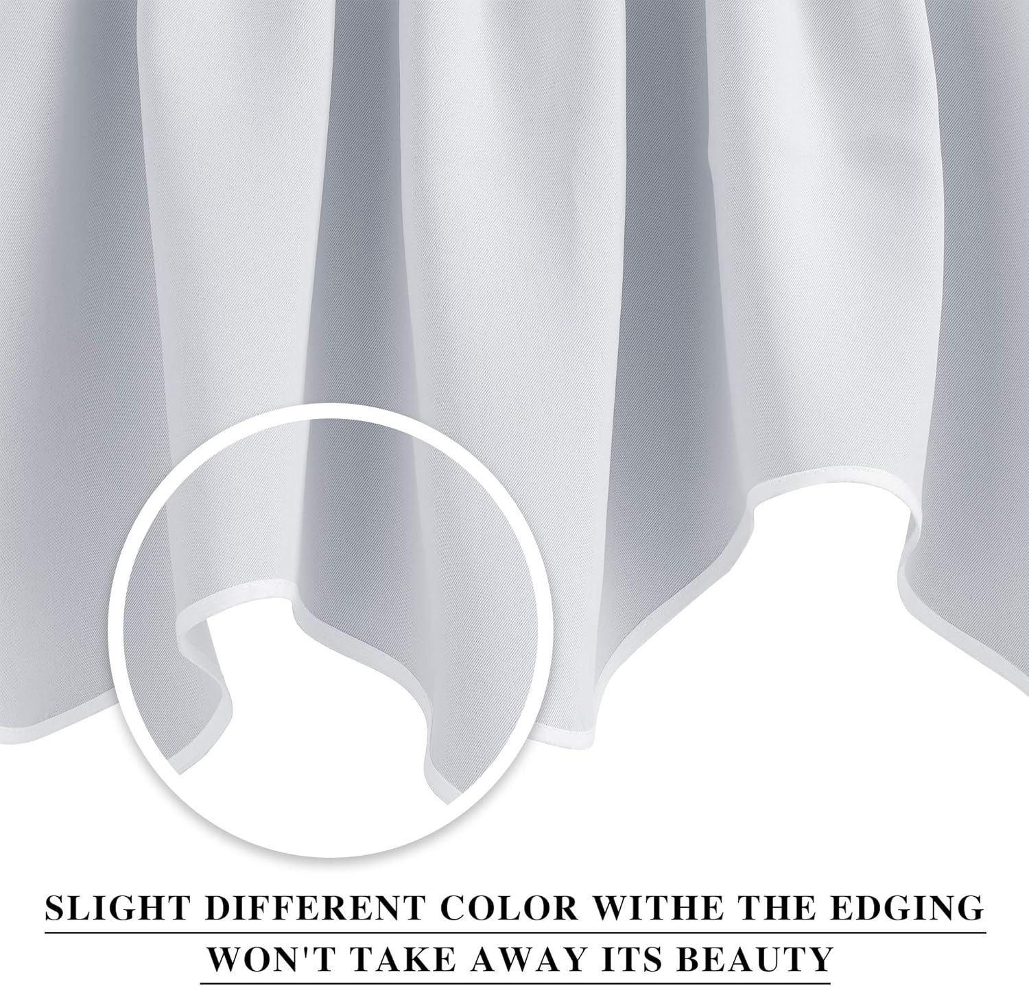 White fabric close-up showing subtle diagonal weave texture and neat bottom edge with slightly lighter white trim.
