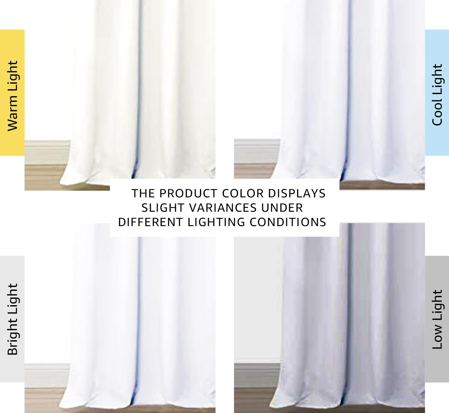 White curtain fabric panels demonstrating slight color changes across different lighting conditions.
