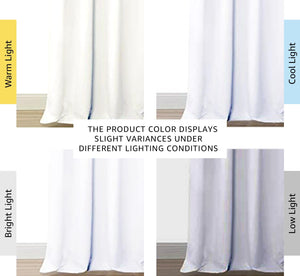 White curtain fabric panels demonstrating slight color changes across different lighting conditions.