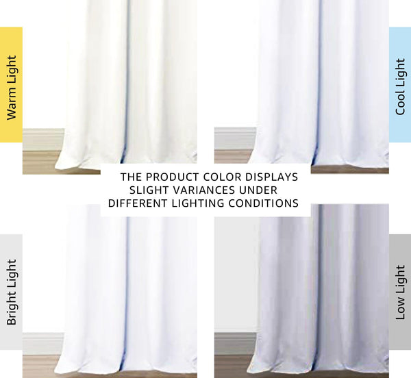 White curtain fabric panels demonstrating slight color changes across different lighting conditions.