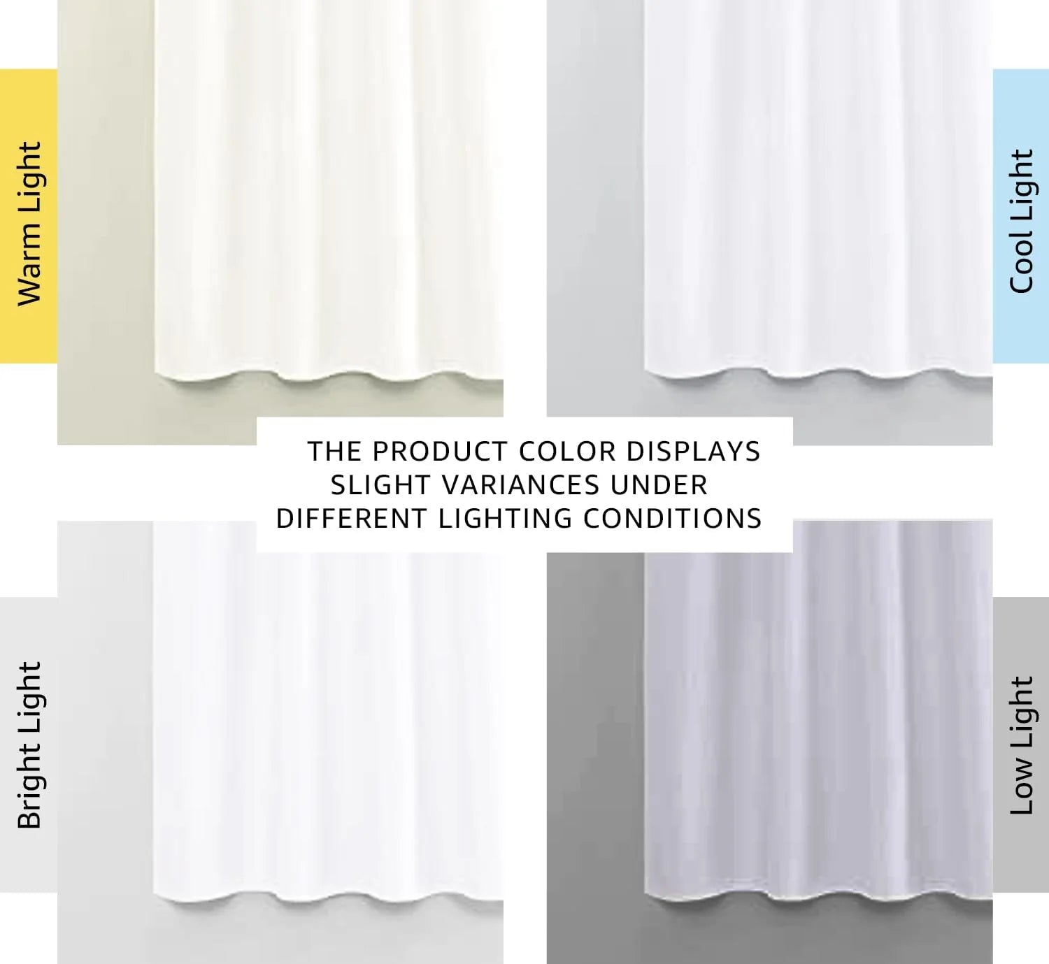 White curtain displayed in four panels, showing color changes under warm, cool, bright, and low light.