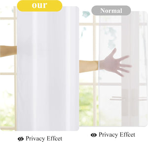 White curtain privacy comparison: opaque left panel hides hand, sheer right panel shows hand.