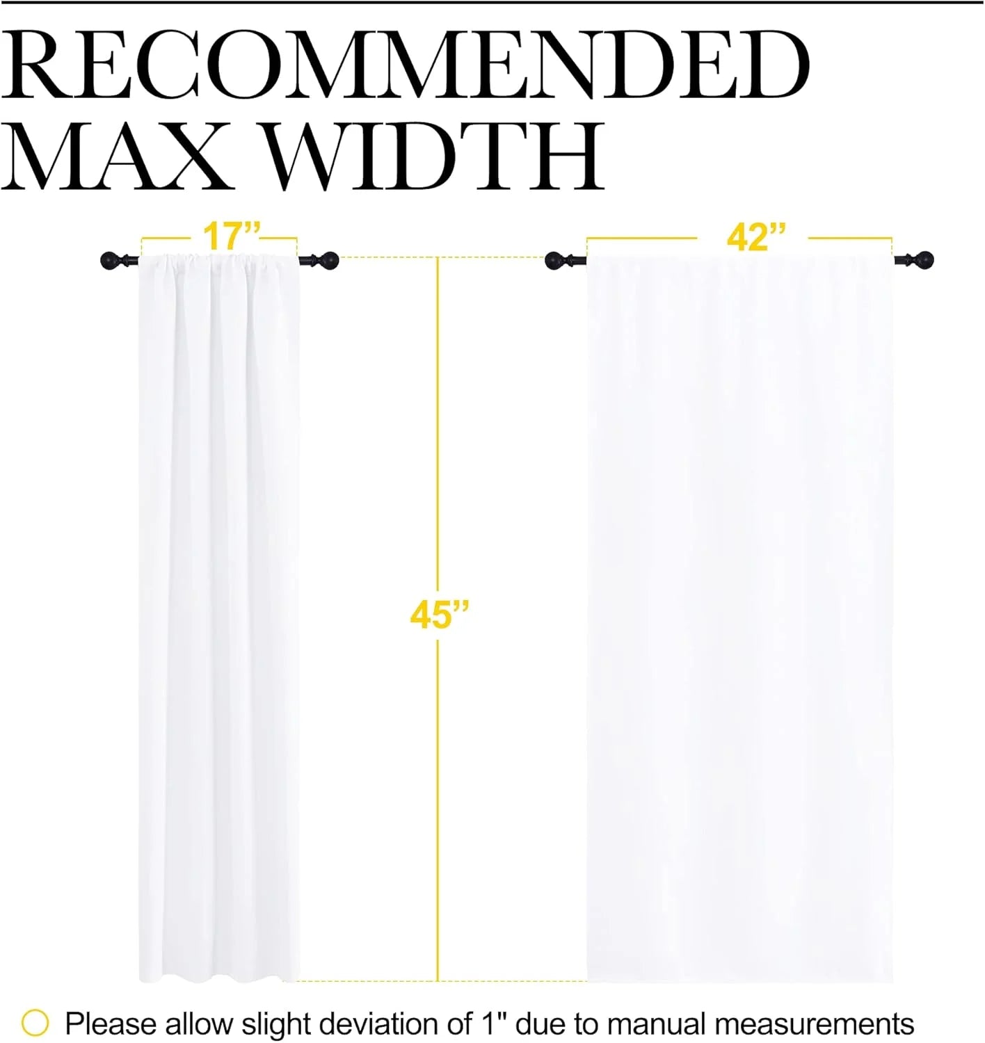 Two white curtains on rods showing 17, 42, and 45 inch dimension measurements
