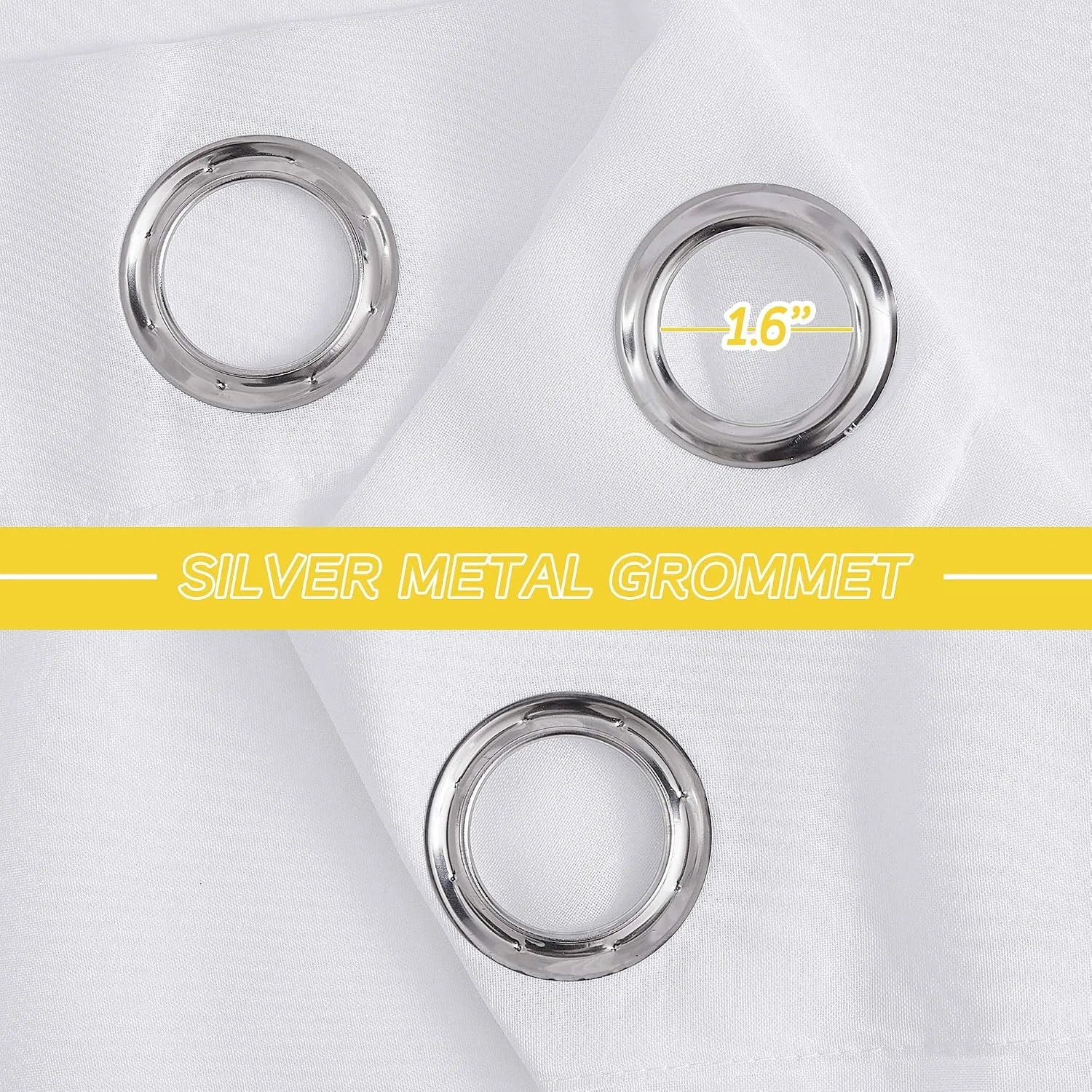 White curtain fabric with silver metal grommets, showing 1.6 inch inner diameter