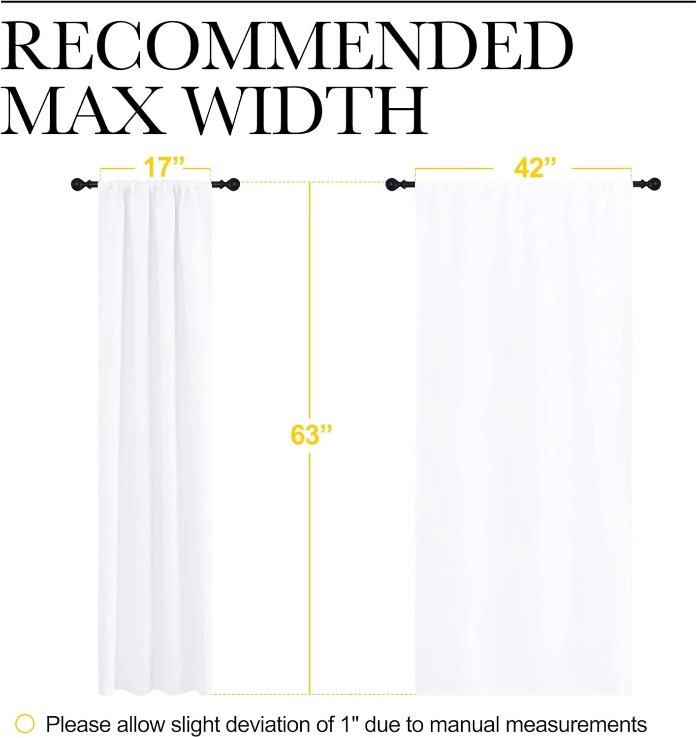 White curtain sizing guide showing 17" and 42" widths with 63" length.