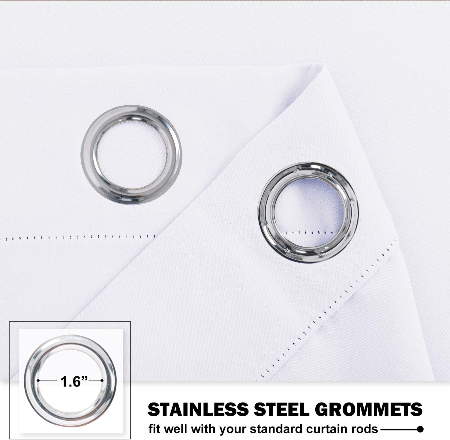 Close-up of white fabric curtain with shiny 1.6 inch stainless steel grommets, designed for standard rods.