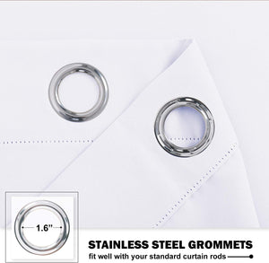 Close-up of white fabric curtain with shiny 1.6 inch stainless steel grommets, designed for standard rods.