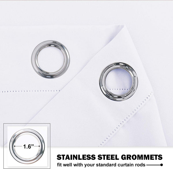 Close-up of white fabric curtain with shiny 1.6 inch stainless steel grommets, designed for standard rods.
