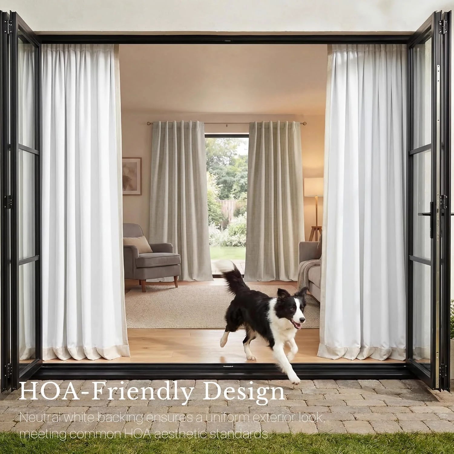 White pleated curtains on black bi-fold doors with a border collie running outside