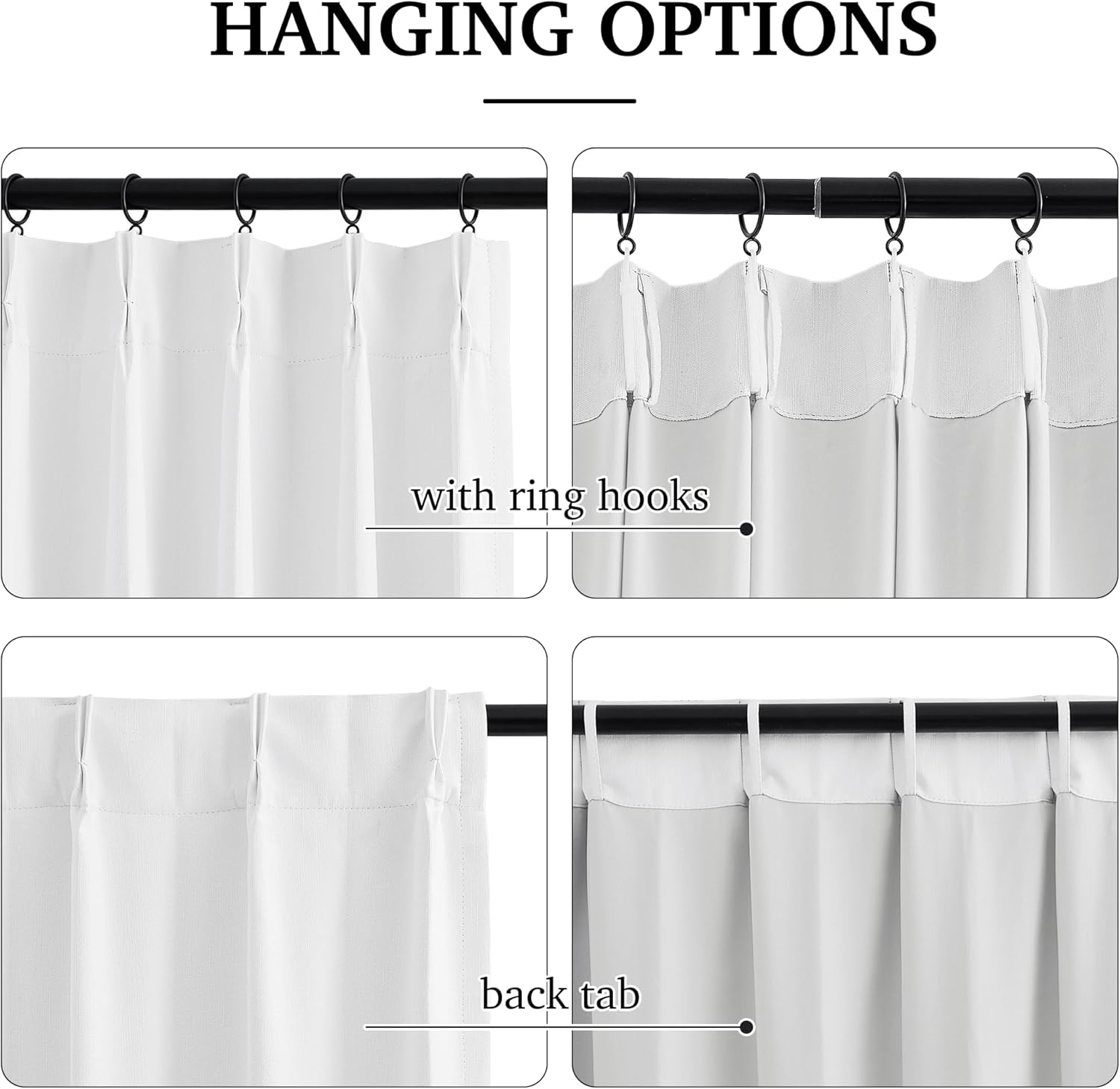 White curtains displaying ring hook and back tab hanging options on a black rod.