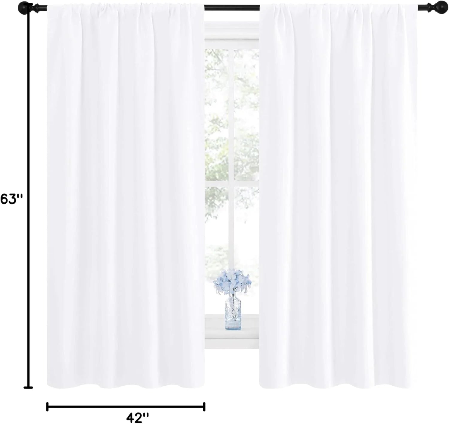 White rod pocket curtain panels, 63 inches long, on a black rod. Window with green trees and blue flowers.