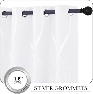 Close-up of white curtains with subtle wavy pattern and silver grommet tops, hanging from a black rod.